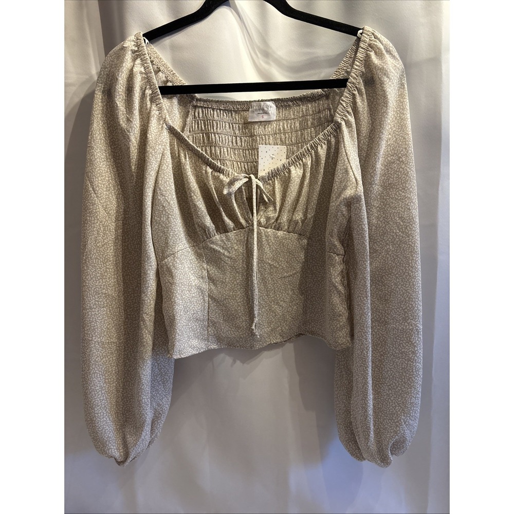 Sienna Y2K Womens Peasant Smocked Puff Sleeve Blouse Tan Boho Size S‎ Cropped